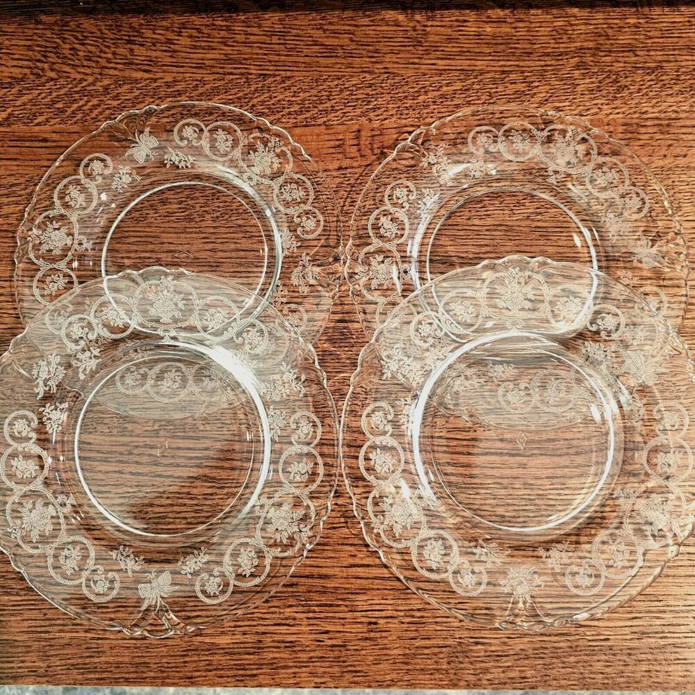 Heisey Chintz Dessert Salad Plates 7.75" vintage etched glass floral dishes 4pc